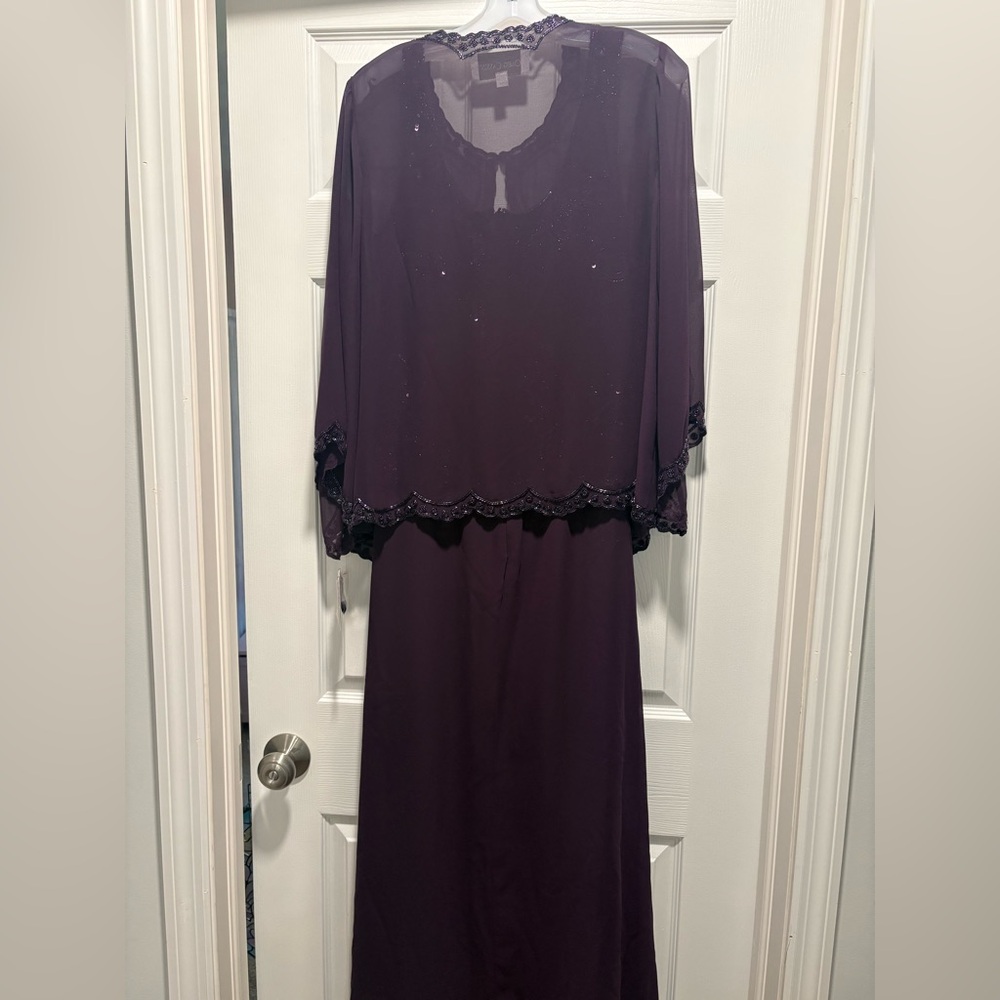 Oleg Cassini Plum Maxi Dress with Beaded Scallop Trim
